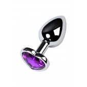 Серебристая коническая анальная пробка с фиолетовым кристаллом-сердечком - 7 см. - ToyFa - купить с доставкой в Уссурийске