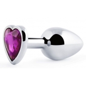 Серебристая анальная пробка с фиолетовым кристаллом-сердечком - 8 см. - Anal Jewelry Plug - купить с доставкой в Уссурийске