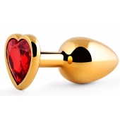 Золотистая анальная пробка с красным стразом-сердечком - 8 см. - Anal Jewelry Plug - купить с доставкой в Уссурийске