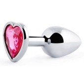 Серебристая анальная пробка с малиновым кристаллом-сердечком - 7 см. - Anal Jewelry Plug - купить с доставкой в Уссурийске