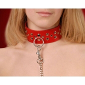 Красный кожаный ошейник с карабином и поводком - Sitabella - купить с доставкой в Уссурийске