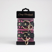 Черные кожаные наручники с розовой строчкой - Crazy Handmade - купить с доставкой в Уссурийске