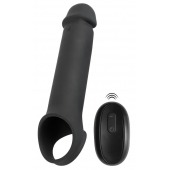 Черная вибронасадка для пениса с хомутом для мошонки и пультом ДУ Remote Controlled Penis Extension - Orion - в Уссурийске купить с доставкой