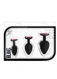 Набор черных анальных пробок с красным кристаллом-сердечком Bling Plugs Training Kit - Blush Novelties - купить с доставкой в Уссурийске
