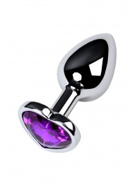Серебристая коническая анальная пробка с фиолетовым кристаллом-сердечком - 7 см. - ToyFa - купить с доставкой в Уссурийске