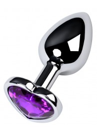 Серебристая коническая анальная пробка с фиолетовым кристаллом-сердечком - 7 см. - ToyFa - купить с доставкой в Уссурийске