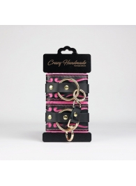Черные кожаные наручники с розовой строчкой - Crazy Handmade - купить с доставкой в Уссурийске