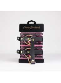 Черные кожаные оковы с розовой строчкой - Crazy Handmade - купить с доставкой в Уссурийске