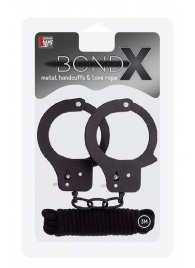 Чёрные наручники из листового металла в комплекте с веревкой BONDX METAL CUFFS LOVE ROPE SET - Dream Toys - купить с доставкой в Уссурийске