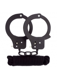 Чёрные наручники из листового металла в комплекте с веревкой BONDX METAL CUFFS LOVE ROPE SET - Dream Toys - купить с доставкой в Уссурийске