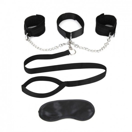 Чёрный ошейник с наручниками и поводком Collar Cuffs   Leash Set - Lux Fetish - купить с доставкой в Уссурийске