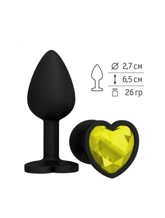 Черная силиконовая пробка с желтым кристаллом-сердцем - 8,5 см. - Джага-Джага - купить с доставкой в Уссурийске