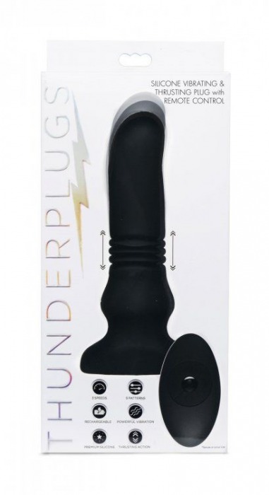 Черный фрикционный вибратор Silicone Vibrating   Thrusting Plug with Remote Control - 17,1 см. - XR Brands