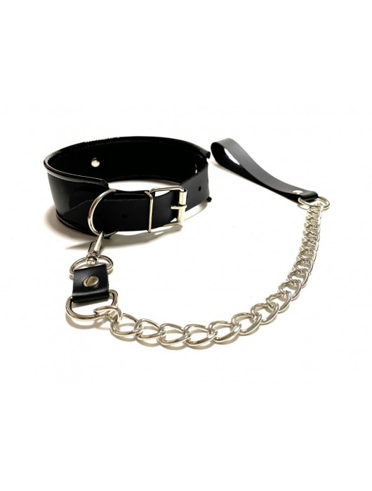 Черный ошейник с поводком из эко-кожи - БДСМ Арсенал - купить с доставкой в Уссурийске