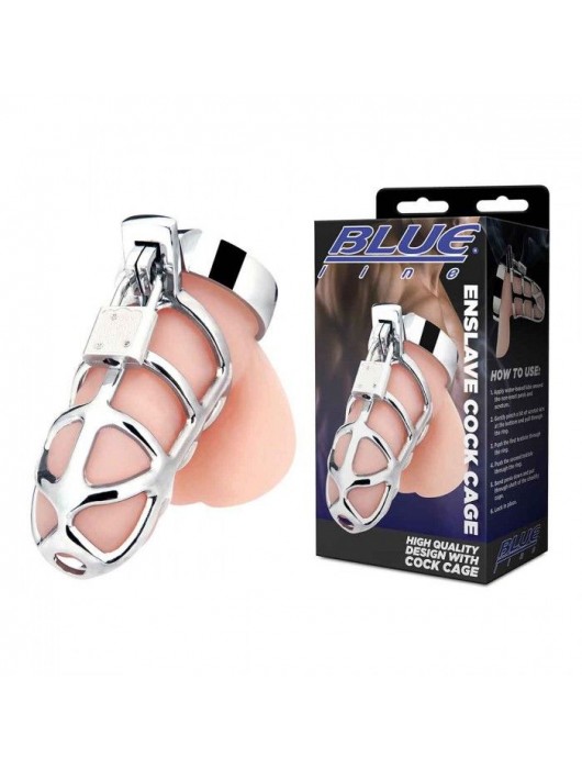 Серебристая металлическая клетка для члена с замком Enslave Cock Cage - BlueLine - купить с доставкой в Уссурийске