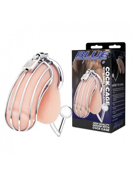 Серебристая металлическая клетка с анальным стимулятором Cock Cage - BlueLine - купить с доставкой в Уссурийске
