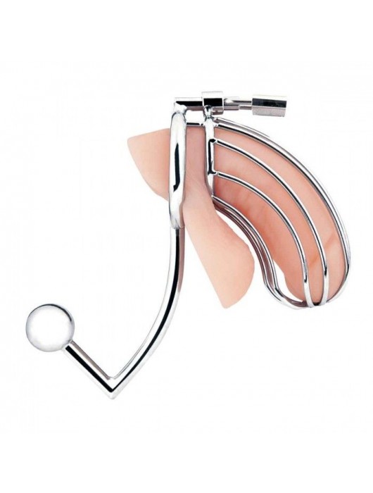 Серебристая металлическая клетка с анальным стимулятором Cock Cage - BlueLine - купить с доставкой в Уссурийске