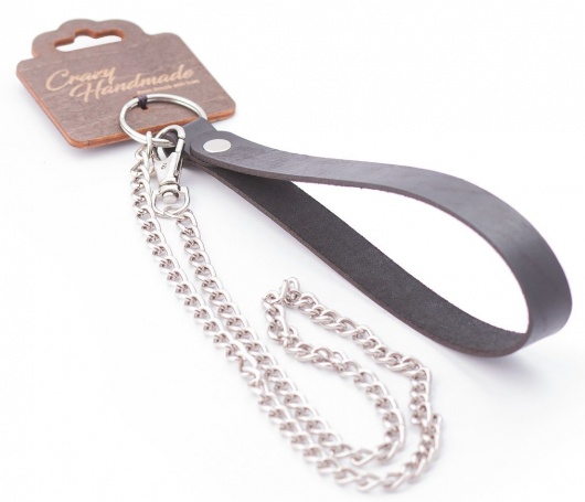 Серебристый металлический поводок с кожаной черной ручкой - 80 см. - Crazy Handmade - купить с доставкой в Уссурийске