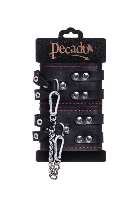 Черные кожаные оковы с двумя ремнями и контрастной строчкой - Pecado - купить с доставкой в Уссурийске