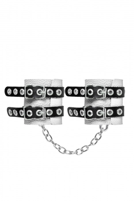 Бело-черные наручники с двумя ремешками и люверсами - Pecado - купить с доставкой в Уссурийске