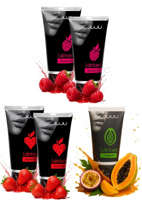 Набор из 5 съедобных лубрикантов JUJU (клубника х 2, малина х 2, тропические фрукты) - JuJu - купить с доставкой в Уссурийске