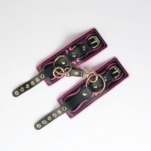 Черные кожаные наручники с розовой строчкой - Crazy Handmade - купить с доставкой в Уссурийске