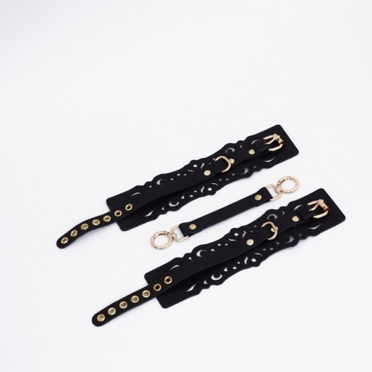 Черный кожаные оковы с узорами и золотистой фурнитурой - Crazy Handmade - купить с доставкой в Уссурийске