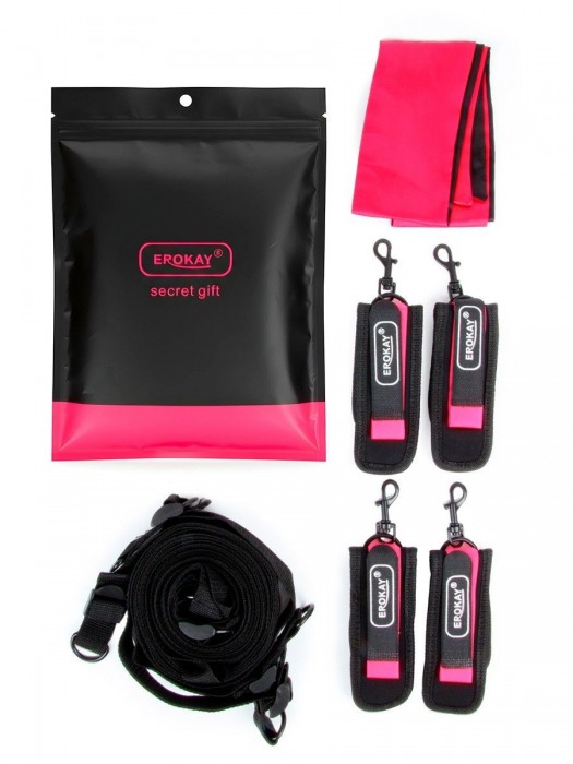 Черно-розовый эротический набор: фиксатор, оковы, наручники, повязка - Erokay - купить с доставкой в Уссурийске