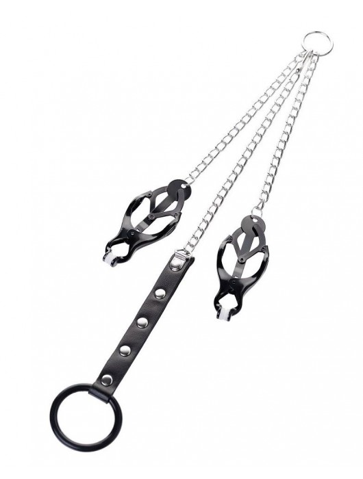 Черно-серебристые зажимы для сосков с кольцом для пениса TOYFA Metal - ToyFa - купить с доставкой в Уссурийске