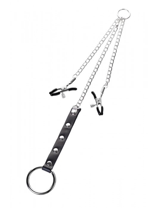 Серебристо-чёрные зажимы для сосков с кольцом для пениса TOYFA Metal - ToyFa - купить с доставкой в Уссурийске